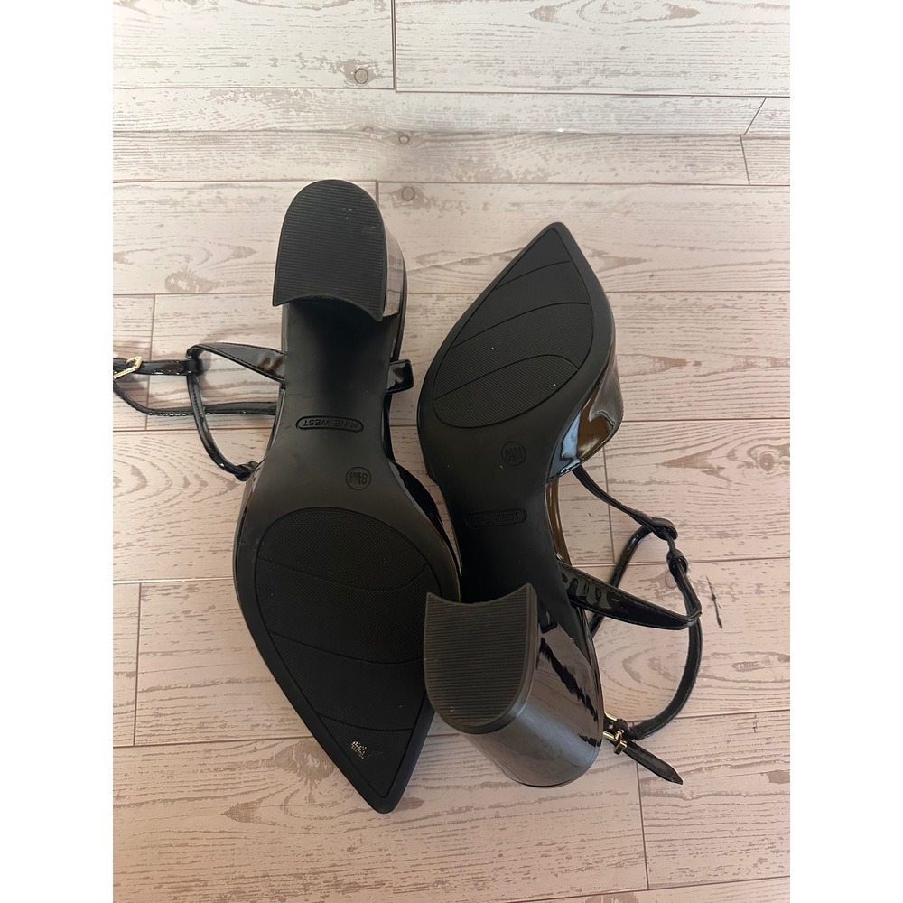 Nine West Womens Black Patent T-Strap Pointed Toe Block Heel Pumps Size 8.5M - Picture 8 of 8